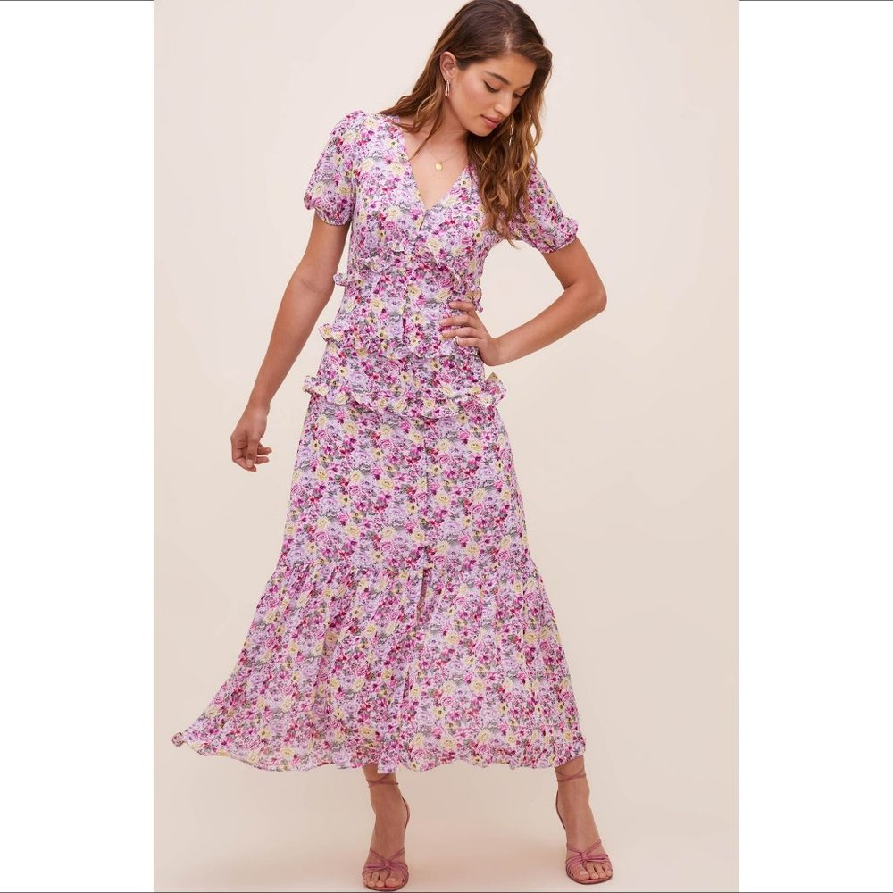 ASTR Priscilla floral chiffon ruffle dress pink midi v-neck button new Medium